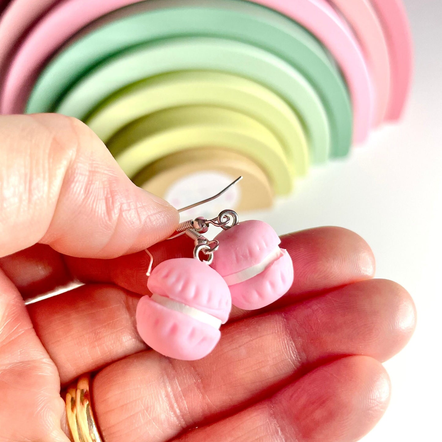 Sterling Silver Baby Pink Macaroon Dangly Earrings