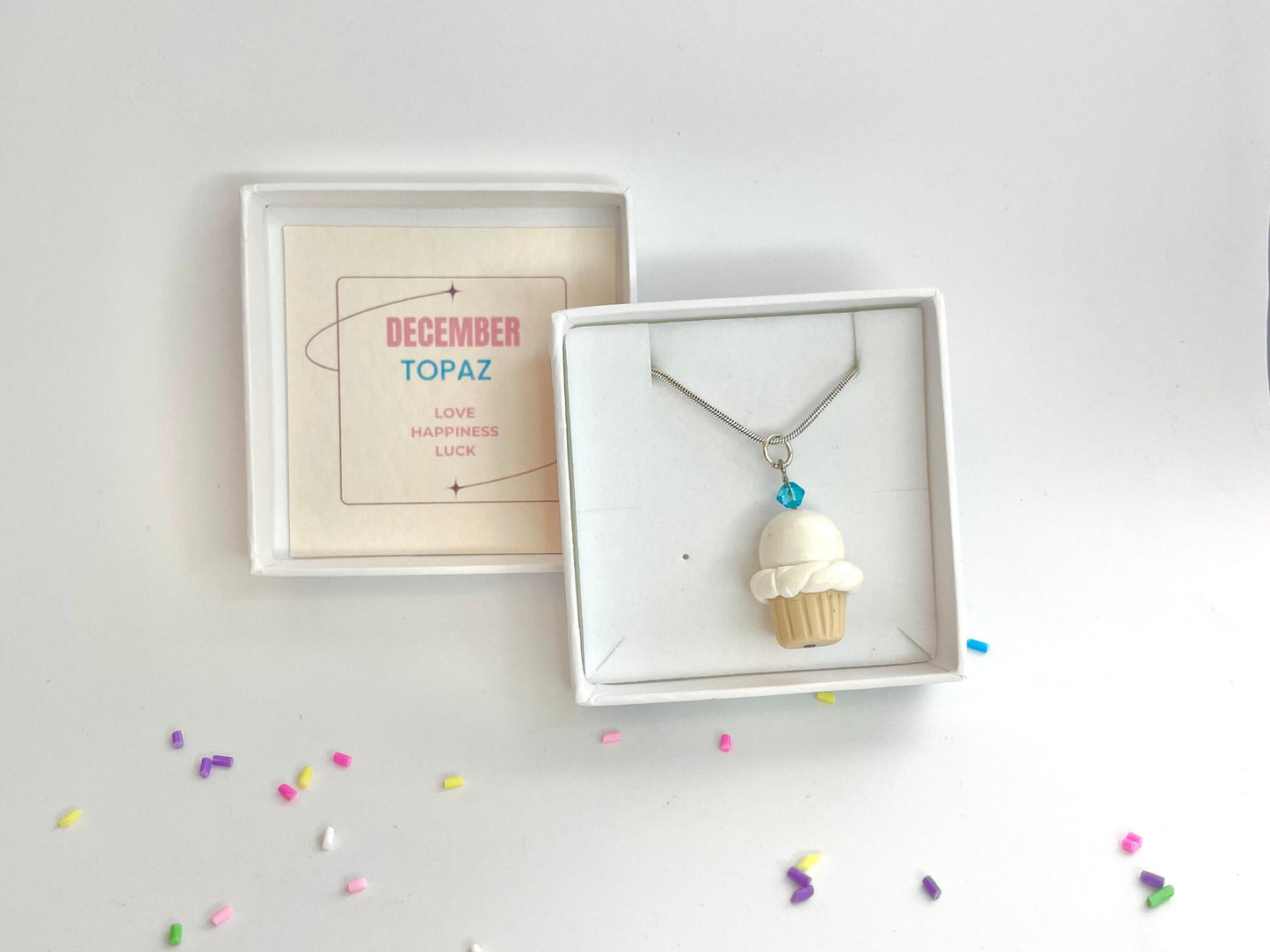 December Blue Zircon Crystal Birthstone Cupcake Pendant