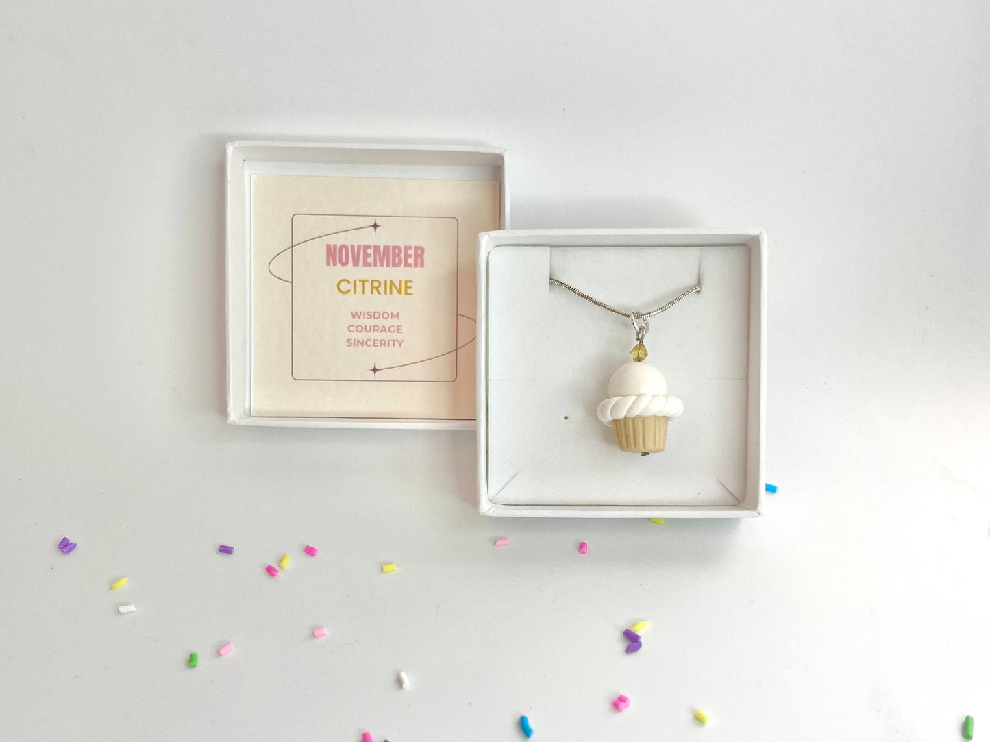 November Topaz Crystal Birthstone Cupcake Pendant Necklace Fimo Clay Jewellery Birthday gift for her - Gift Boxed