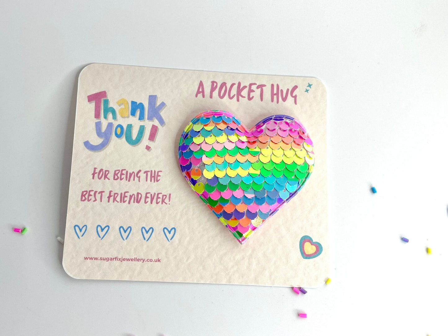 Thank You Best Friend Rainbow Sequin Large Pocket Hug