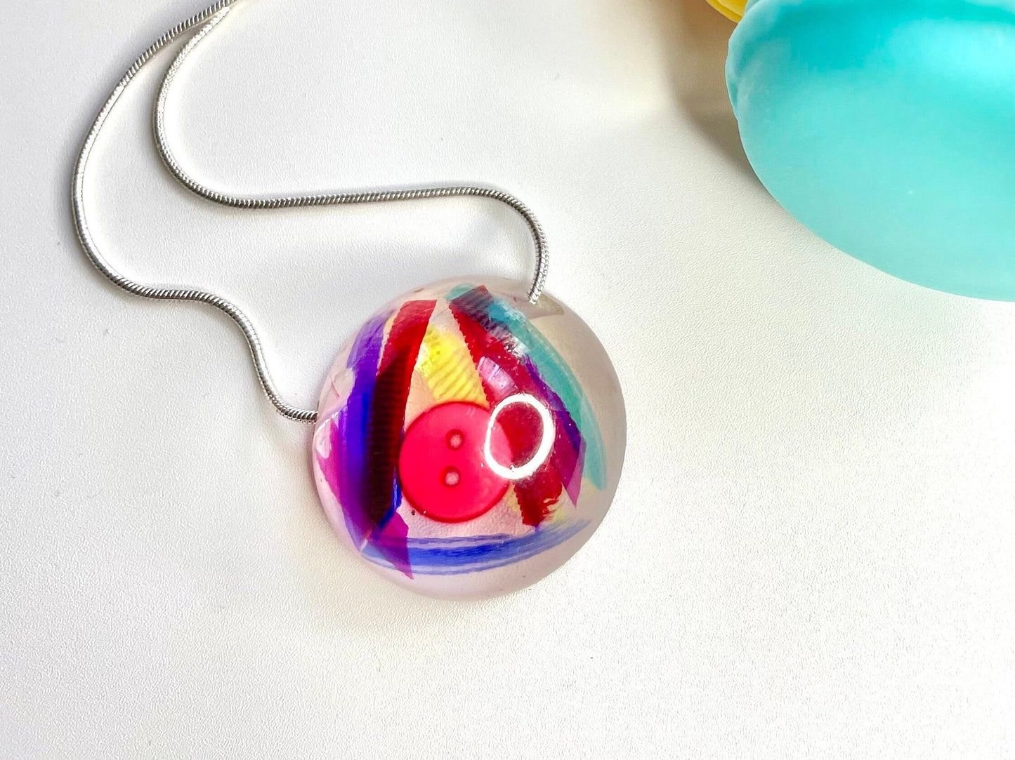 Multi Coloured Button & Ribbon Resin Necklace