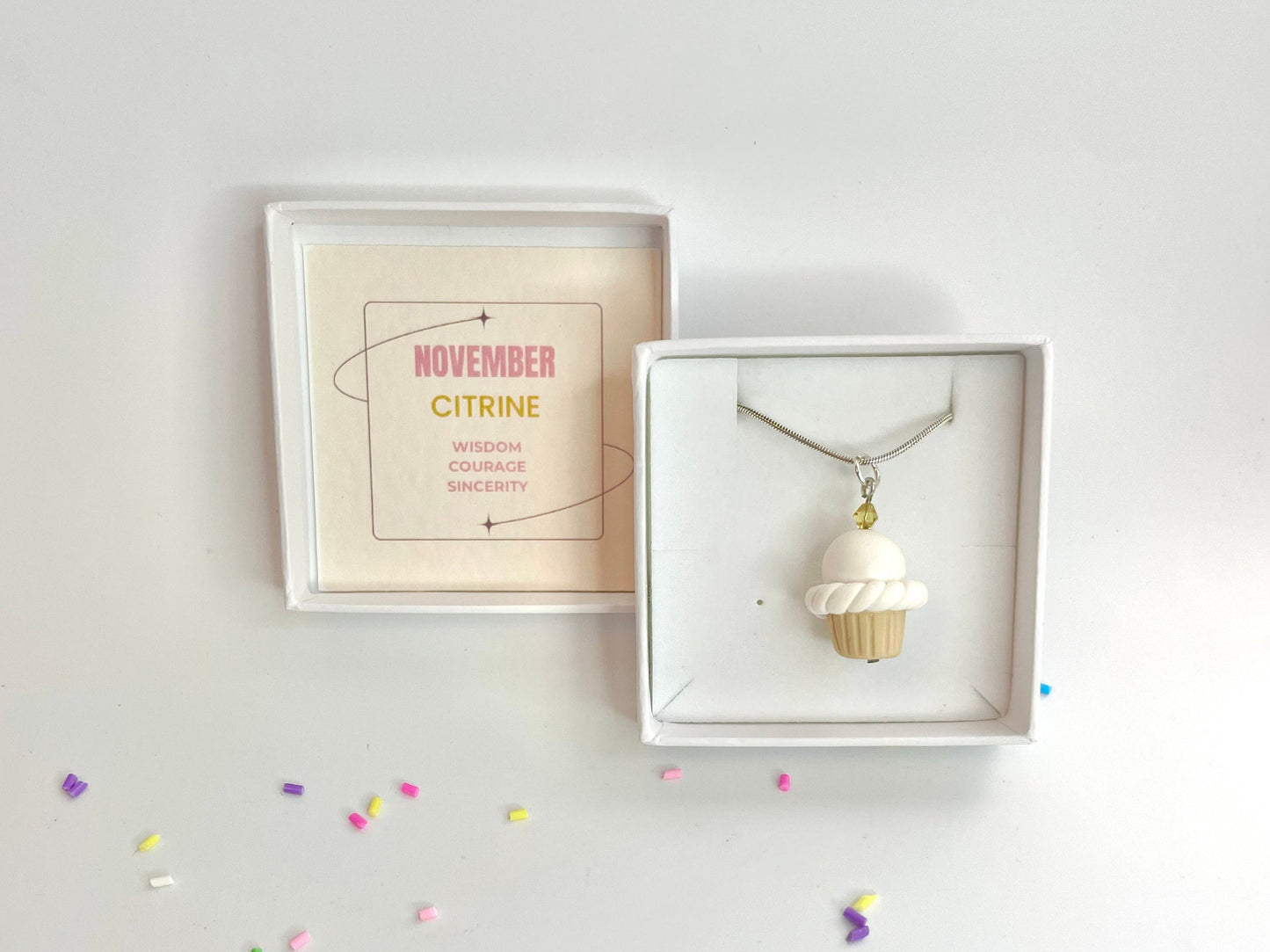 November Topaz Crystal Birthstone Cupcake Pendant Necklace Fimo Clay Jewellery Birthday gift for her - Gift Boxed