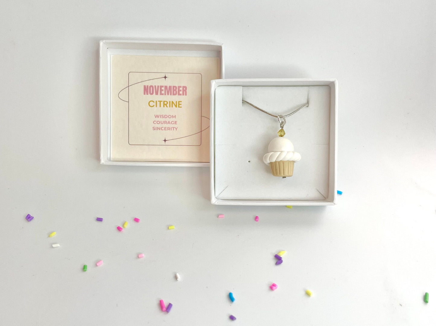 November Topaz Crystal Birthstone Cupcake Pendant Necklace Fimo Clay Jewellery Birthday gift for her - Gift Boxed