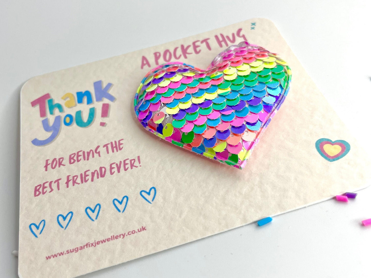 Thank You Best Friend Rainbow Sequin Large Pocket Hug