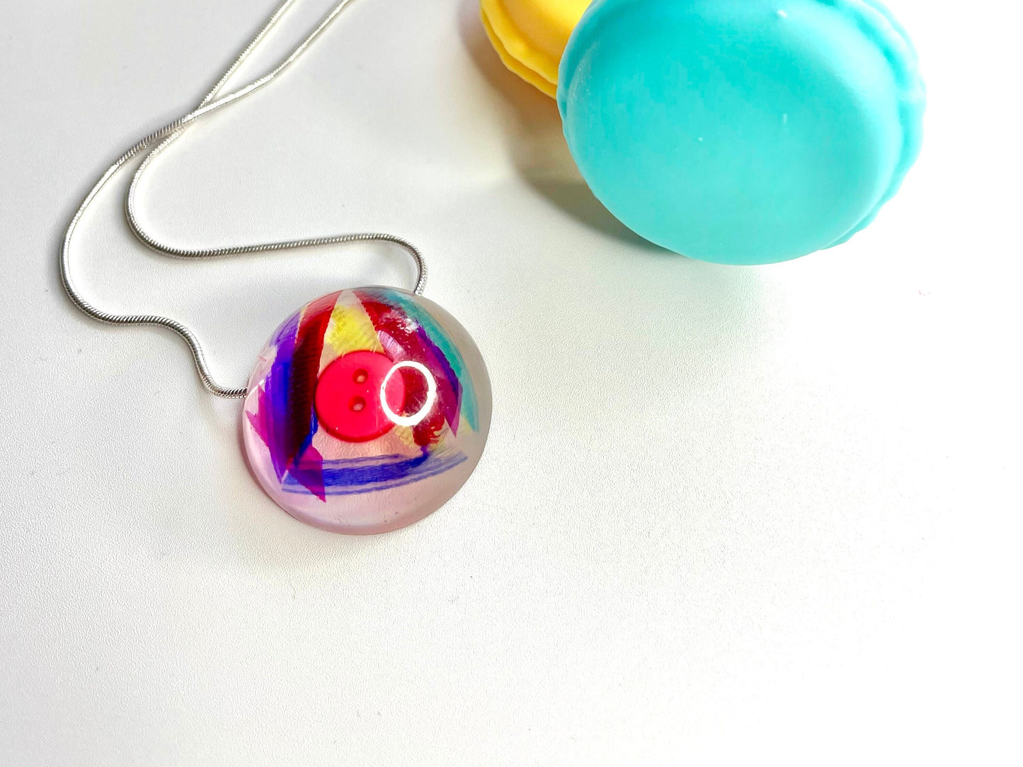 Multi Coloured Button & Ribbon Resin Necklace