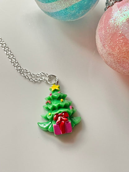 Christmas Tree with Presents Resin Pendant Necklace