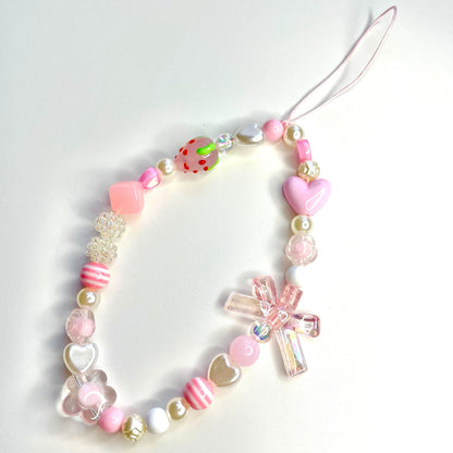 Pink Strawberry Heart Bow Mobile Phone Wrist Strap