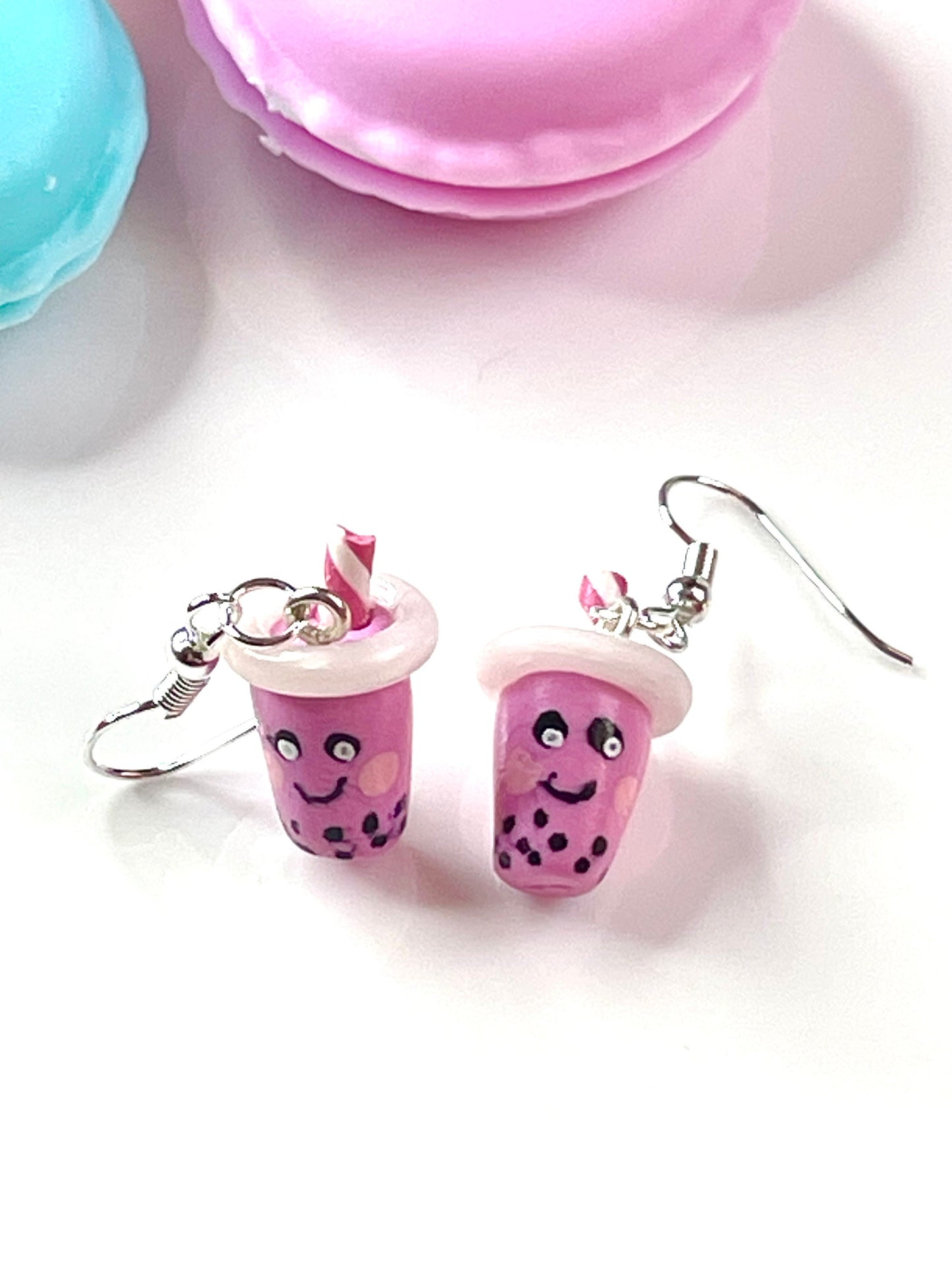 Pink Sterling Silver Bubble Tea Boba Dangly Earrings