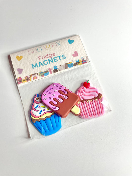 3 Bakery Fridge Magnets - Foodie Cake Cupcake Lolly Popsicle Candy Flat Fridge Magnets - Gift Bag Included