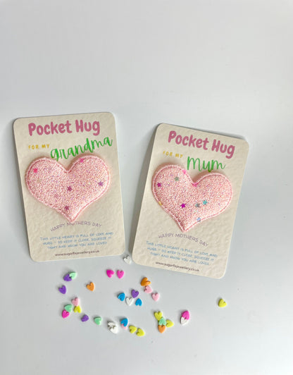 Mothers Day Pocket Hug Gift - Personalised Unique Fabric Glittery Heart - Sending A Hug - Mummy Mam Grandma Nanny Nan - Gift Envelope Inc