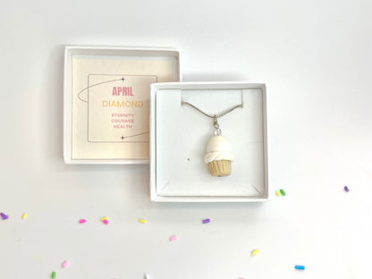 April Diamond Crystal Birthstone Cupcake Pendant Necklace Fimo Clay Jewellery Birthday gift for her - Gift Boxed