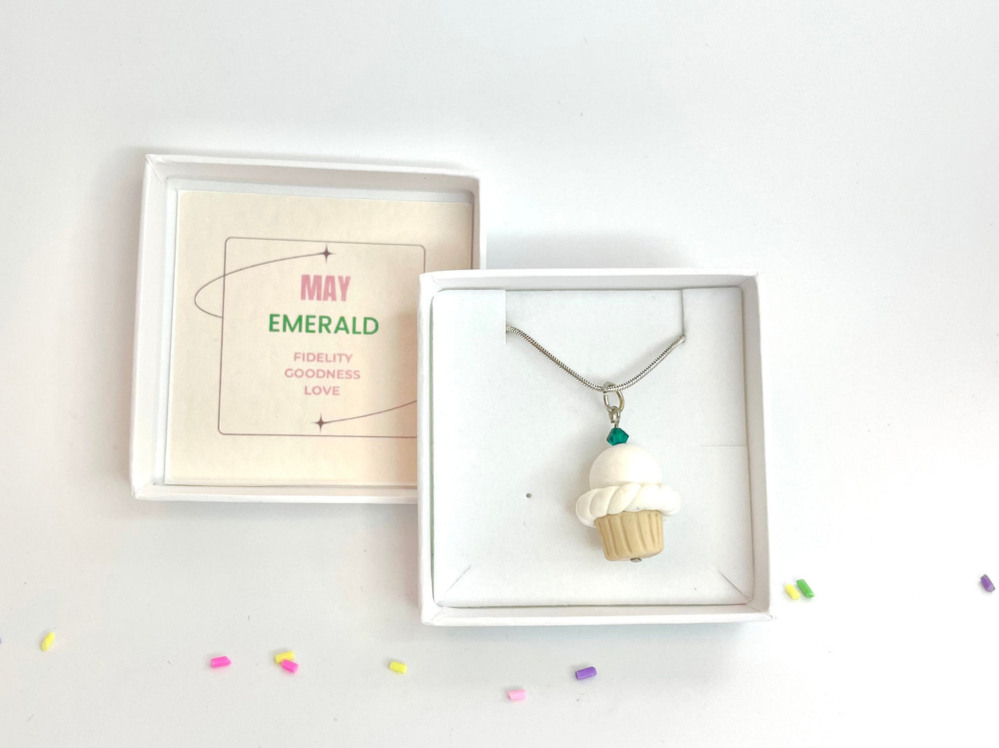 May Emerald Crystal Birthstone Cupcake Pendant Necklace Fimo Clay Jewellery Birthday gift for her - Gift Boxed