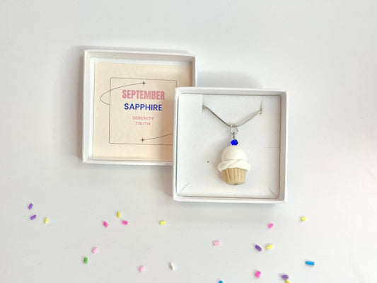 September Sapphire Crystal Birthstone Cupcake Pendant Necklace Fimo Clay Jewellery Birthday gift for her - Gift Boxed