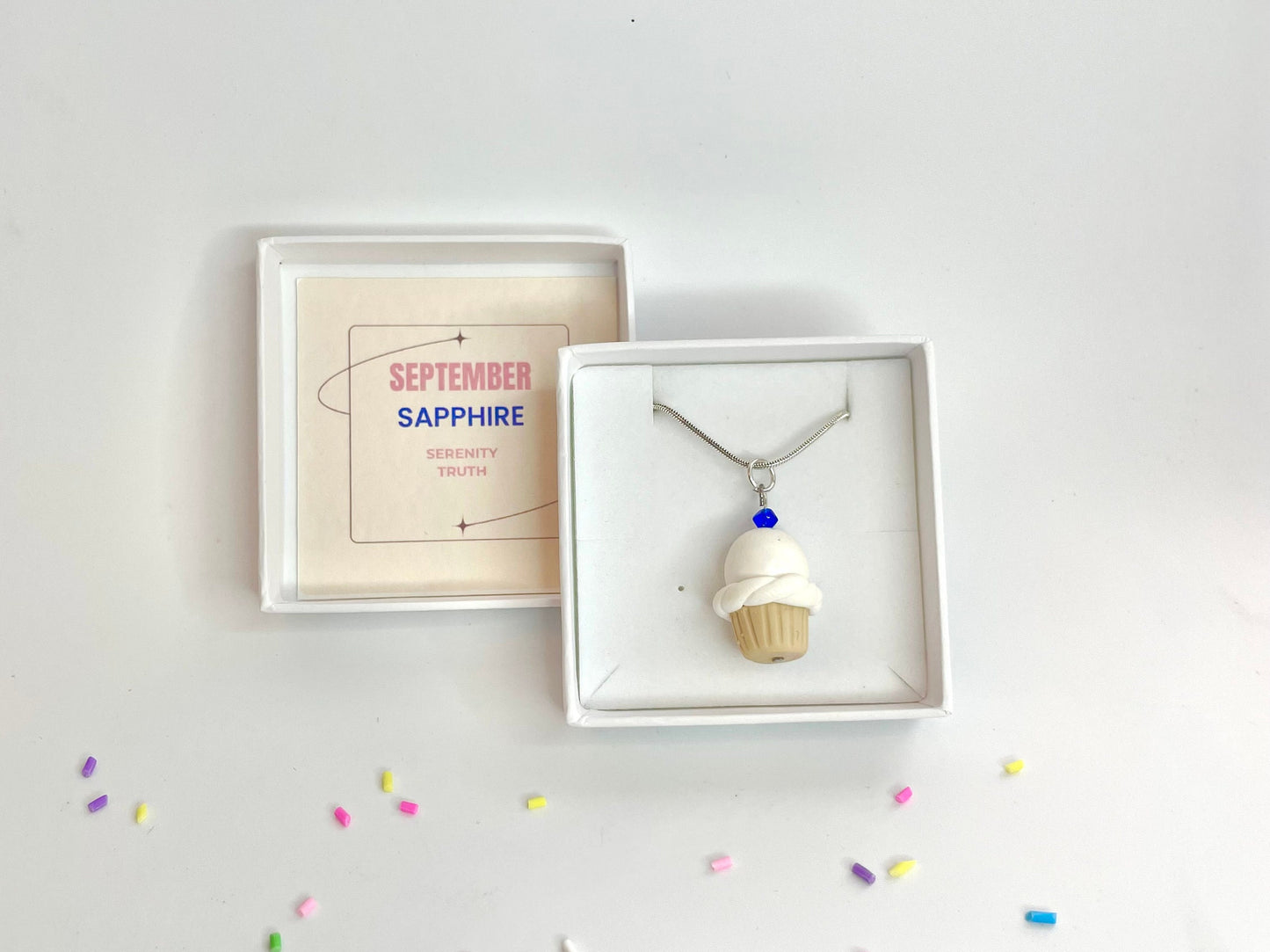 September Sapphire Crystal Birthstone Cupcake Pendant
