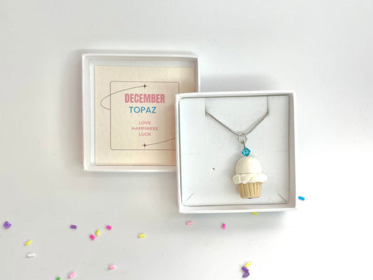 December Blue Zircon Crystal Birthstone Cupcake Pendant Necklace Fimo Clay Jewellery Birthday gift for her - Gift Boxed