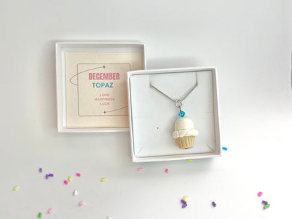 December Blue Zircon Crystal Birthstone Cupcake Pendant