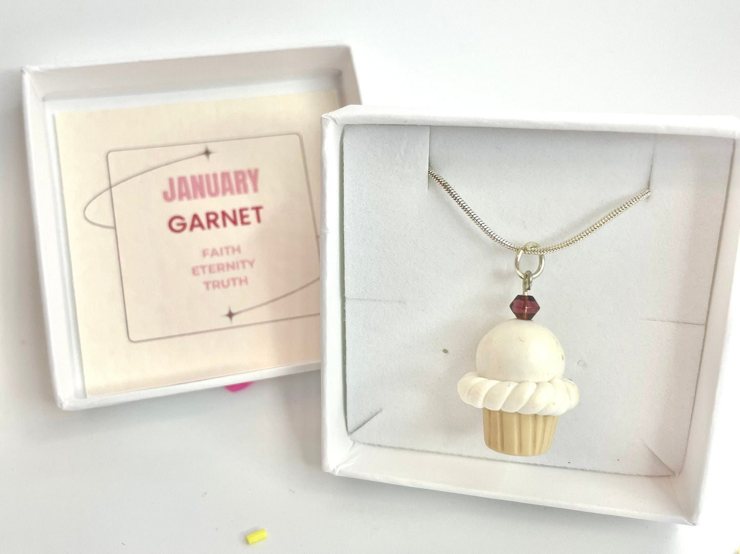 January Birthstone Garnet Crystal Cupcake Pendant Necklace Handmade Fimo Clay Jewellery Gift Boxed - Birthday Gift for her