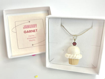 January Birthstone Garnet Crystal Cupcake Pendant Necklace Handmade Fimo Clay Jewellery Gift Boxed - Birthday Gift for her