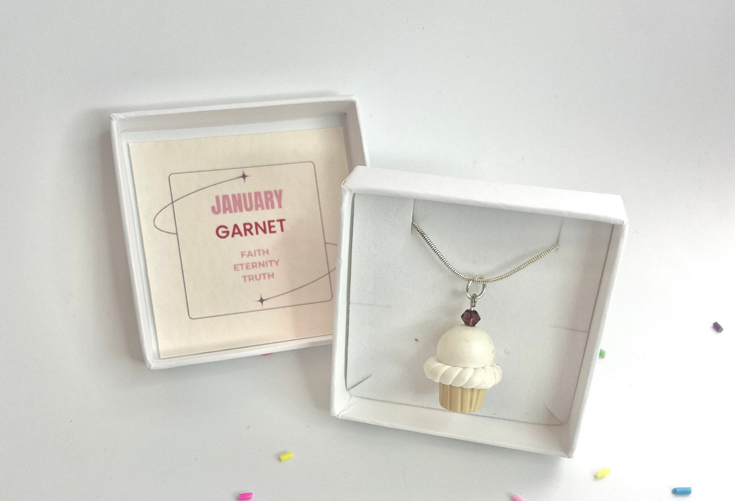 January Birthstone Garnet Crystal Cupcake Pendant Necklace Handmade Fimo Clay Jewellery Gift Boxed - Birthday Gift for her