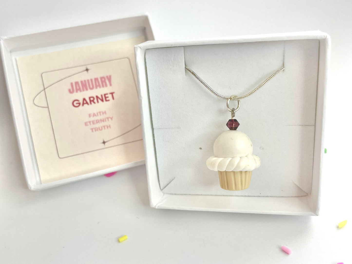 January Birthstone Garnet Crystal Cupcake Pendant Necklace Handmade Fimo Clay Jewellery Gift Boxed - Birthday Gift for her