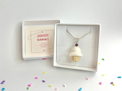 January Birthstone Garnet Crystal Cupcake Pendant Necklace Handmade Fimo Clay Jewellery Gift Boxed - Birthday Gift for her