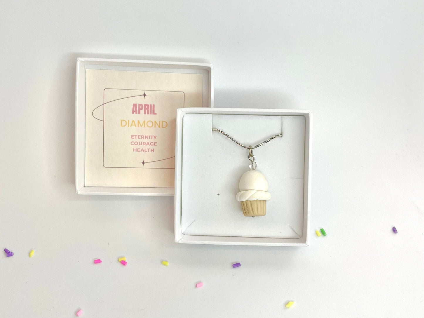 April Diamond Crystal Birthstone Cupcake Pendant Necklace Fimo Clay Jewellery Birthday gift for her - Gift Boxed