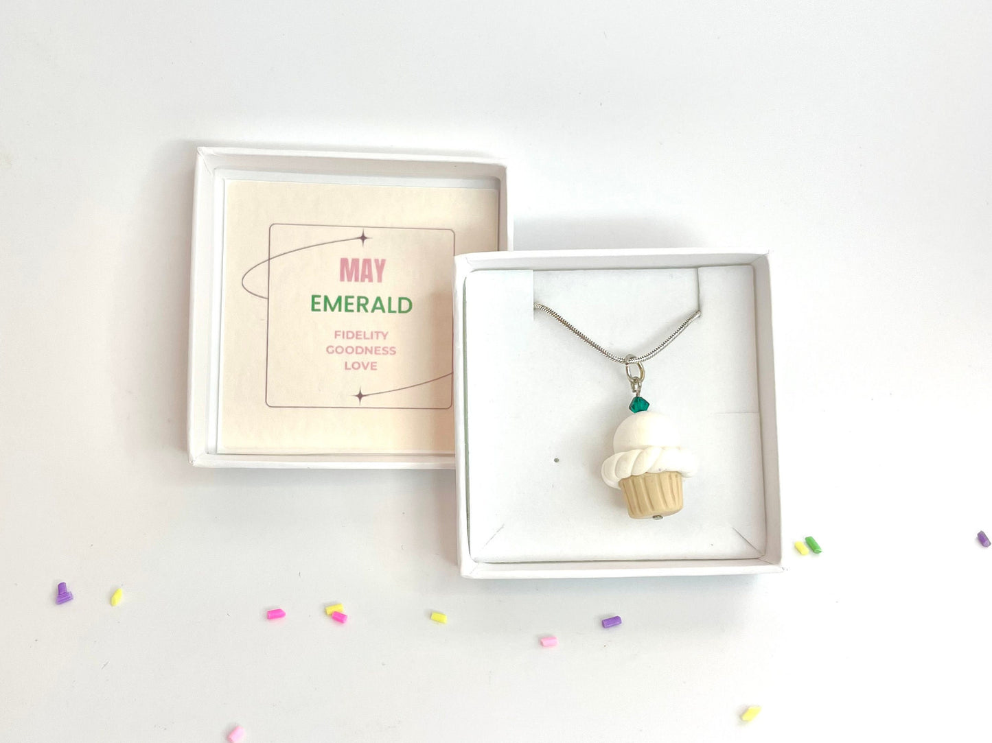 May Emerald Crystal Birthstone Cupcake Pendant Necklace Fimo Clay Jewellery Birthday gift for her - Gift Boxed