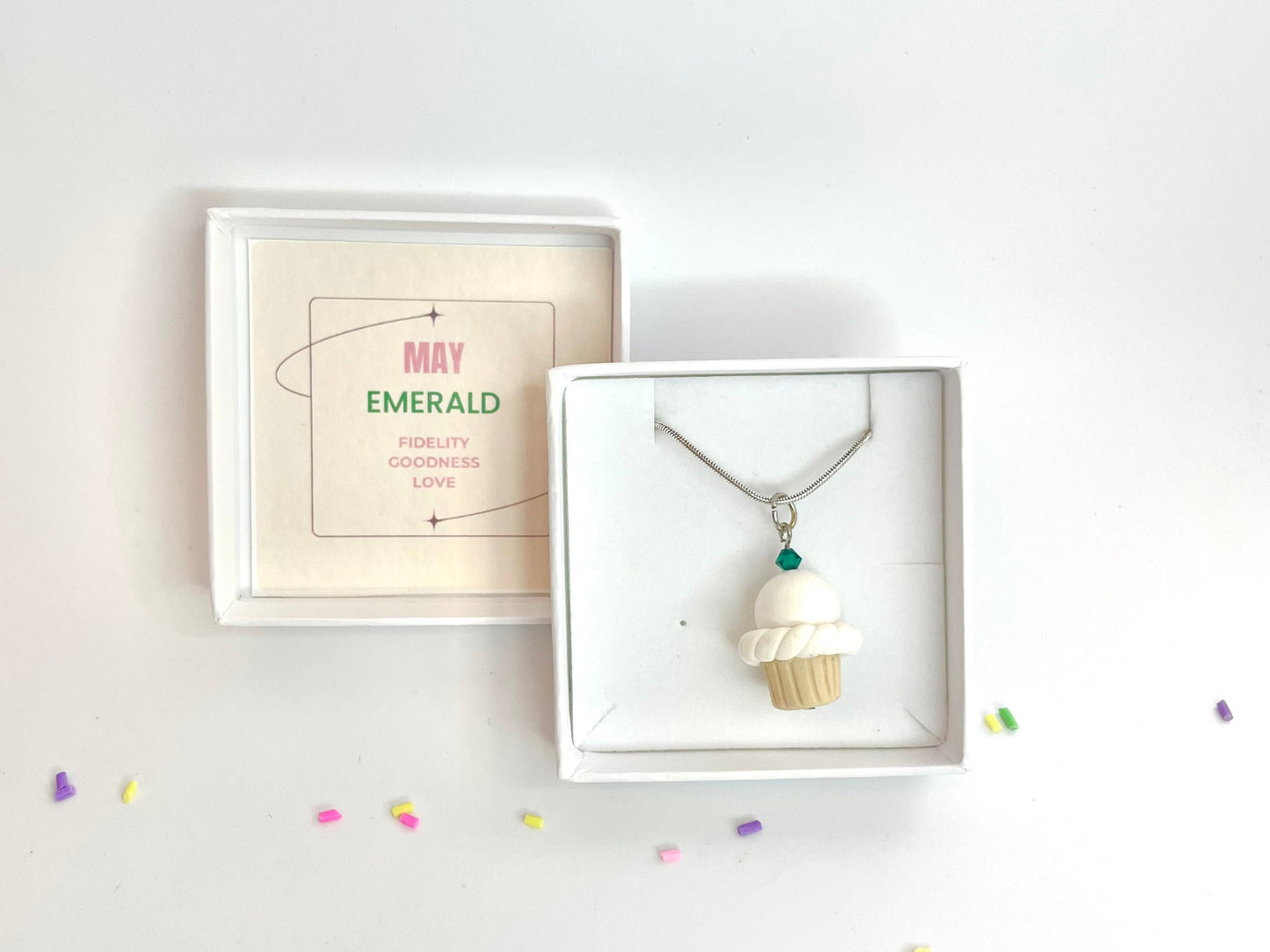 May Emerald Crystal Birthstone Cupcake Pendant Necklace Fimo Clay Jewellery Birthday gift for her - Gift Boxed