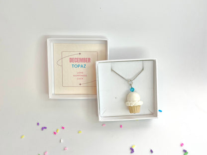 December Blue Zircon Crystal Birthstone Cupcake Pendant