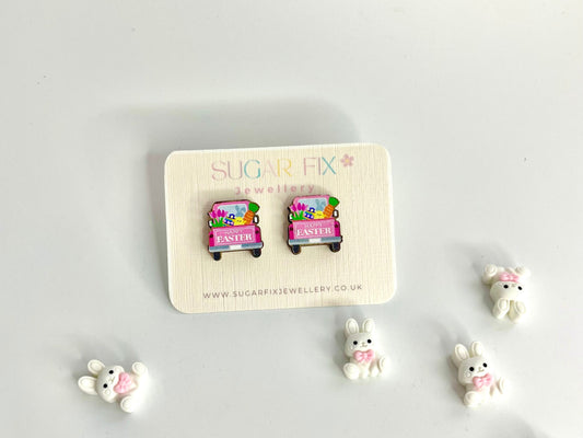 Happy Easter Car Stud Pierced Earrings - Cute Pink Car -Alternate Gift - Easter Free Gift Bag Included